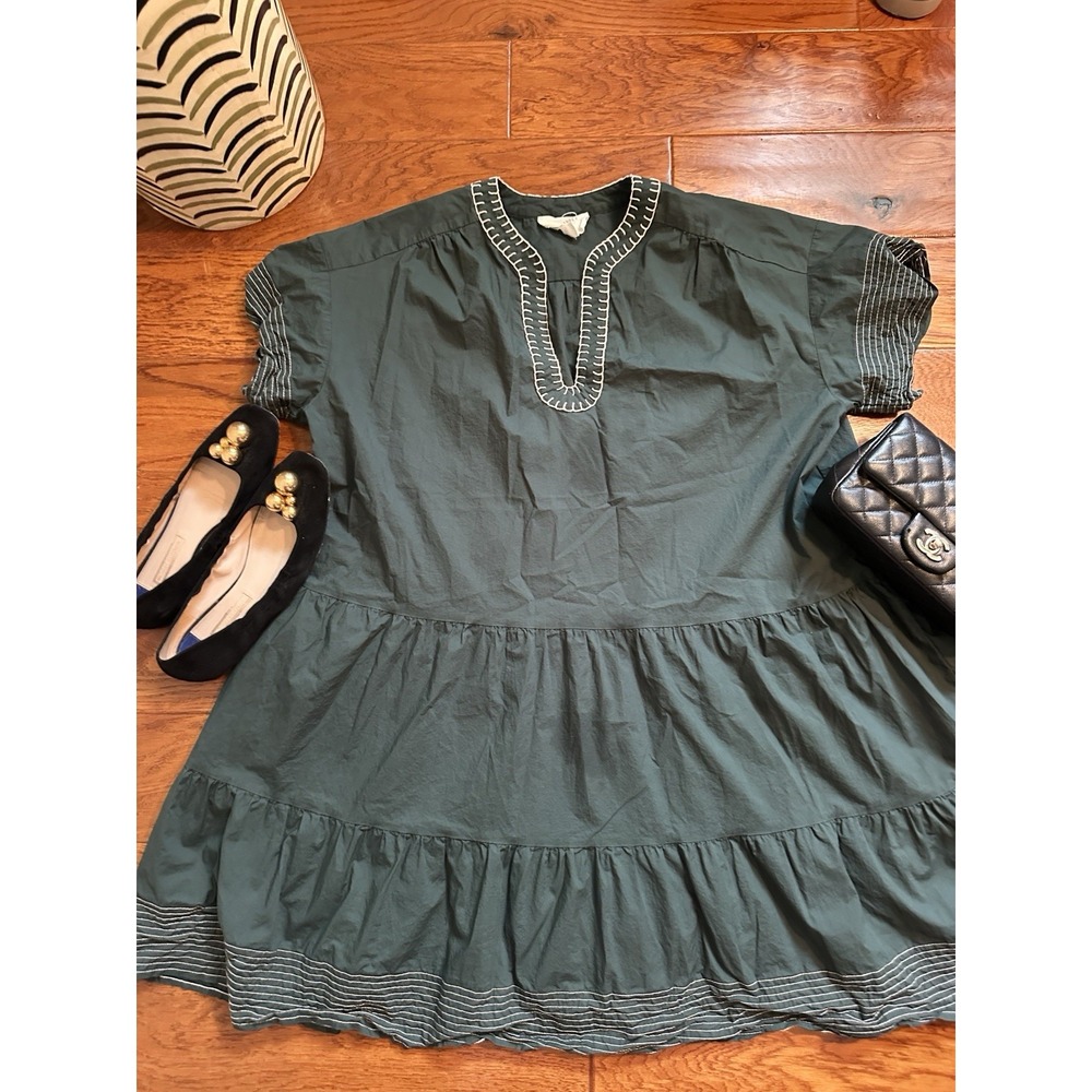 Pomander Place Green Cotton Tiered Mini Dress Womens M Y24286T Read Flaw